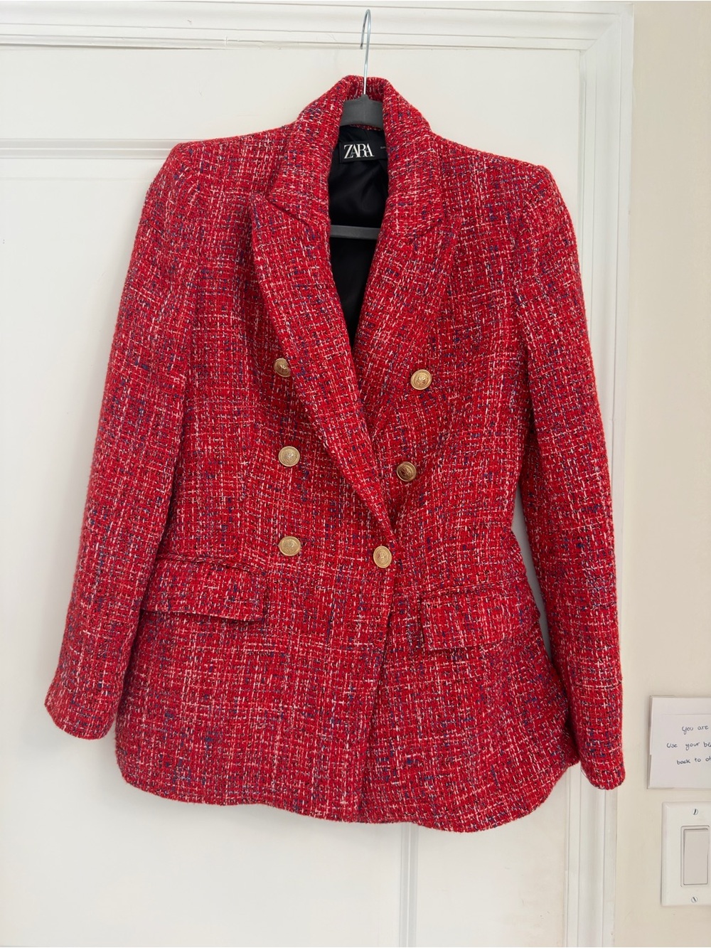 Zara Red Tweed Double-Breasted Blazer XS